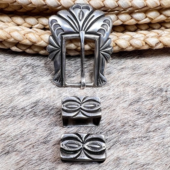 Native American Sterling Silver 3pc Belt Buckle Set - Picture 1 of 3